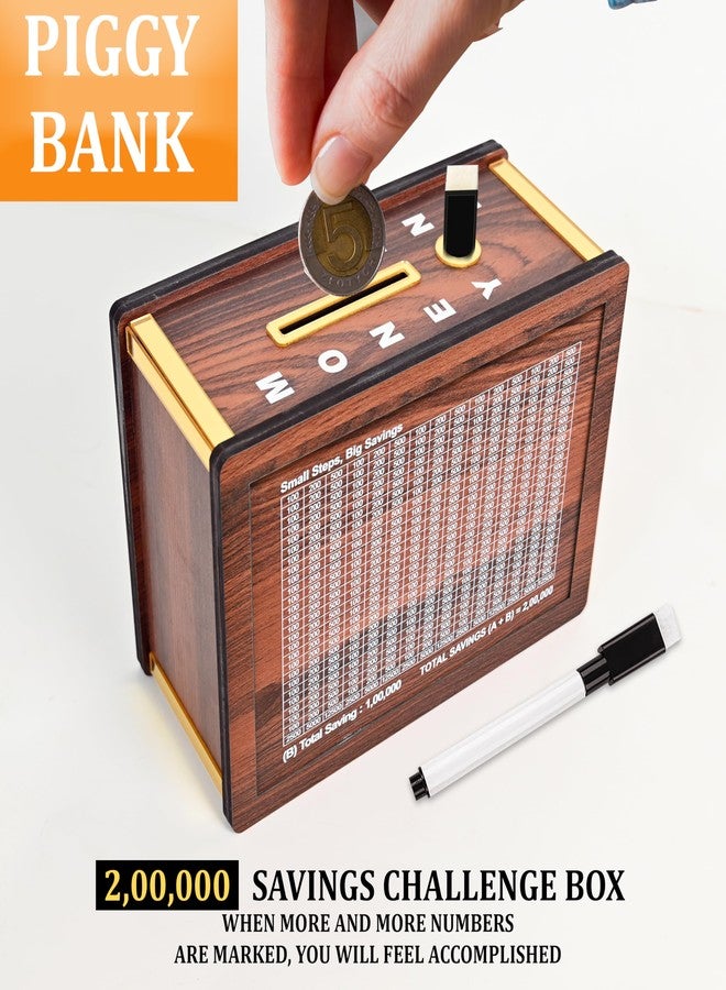 True Flair Wooden Money/Piggy Bank, Money Box, Coin Box with Printed Design for Kids/Children | Savings Challenge Box, Cashbox,Cash Vault Wooden Savings Box,Coin (2,00,000) - Image 3